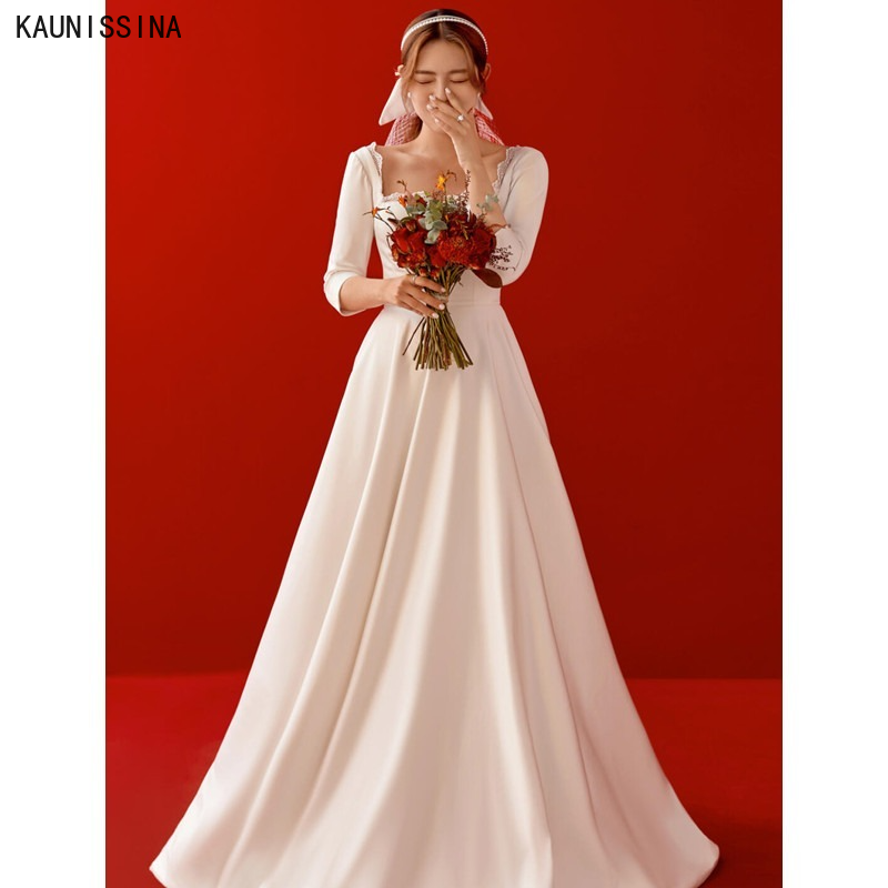 KAUNISSINA-우아하고 심플한 웨딩 드레스, 3 분기 소매 스퀘어 칼라 바닥 길이 신부 가운, a라인 신부 드레스